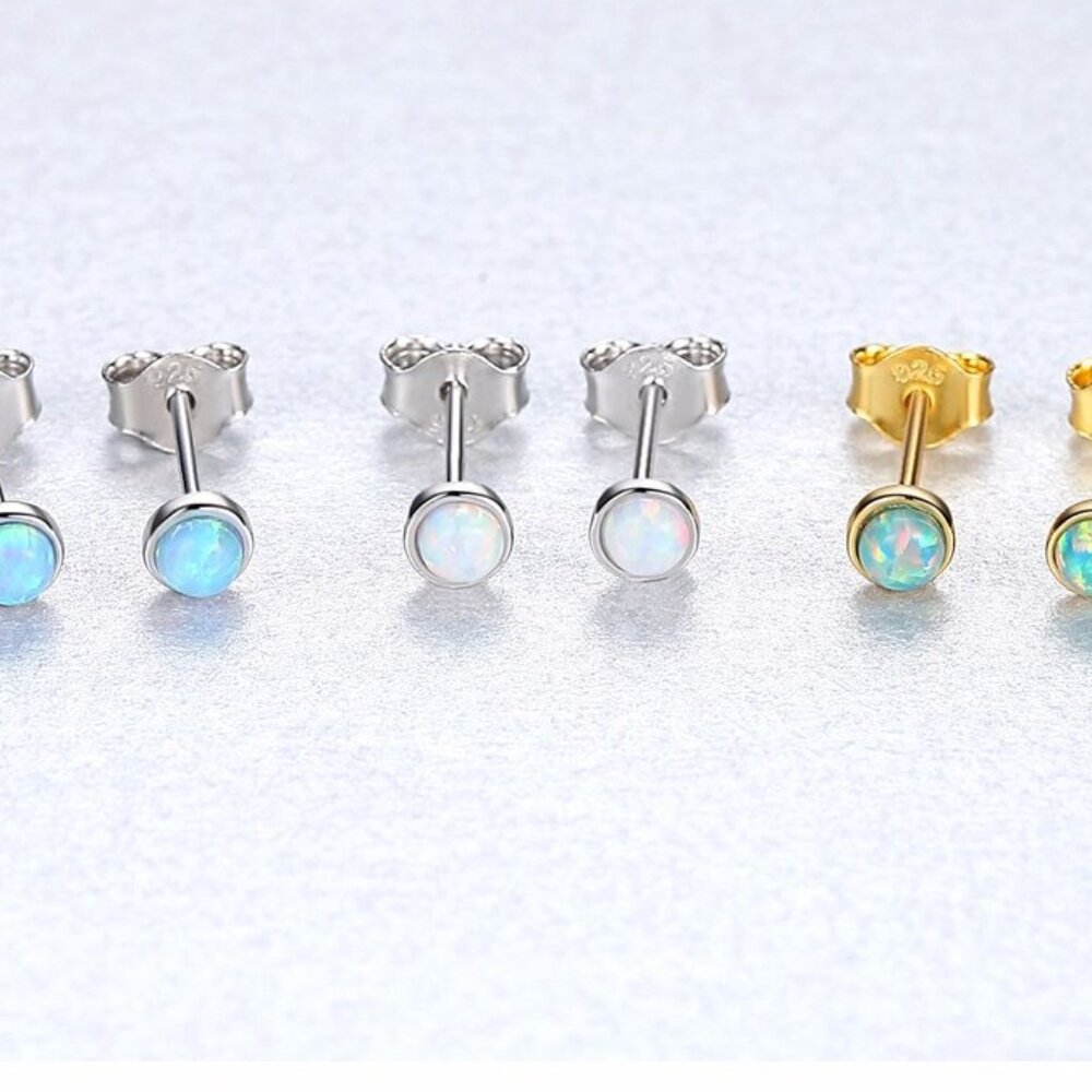 925 Sterling Silver 3mm Round  Opal Stud Earrings - Picture 2 of 5